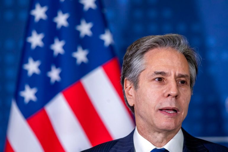 US Secretary of State Antony Blinken speaks during a joint media conference with Lithuania's foreign minister Gabrielius Landsbergis at the Ministry of Foreign Affairs in Vilnius.