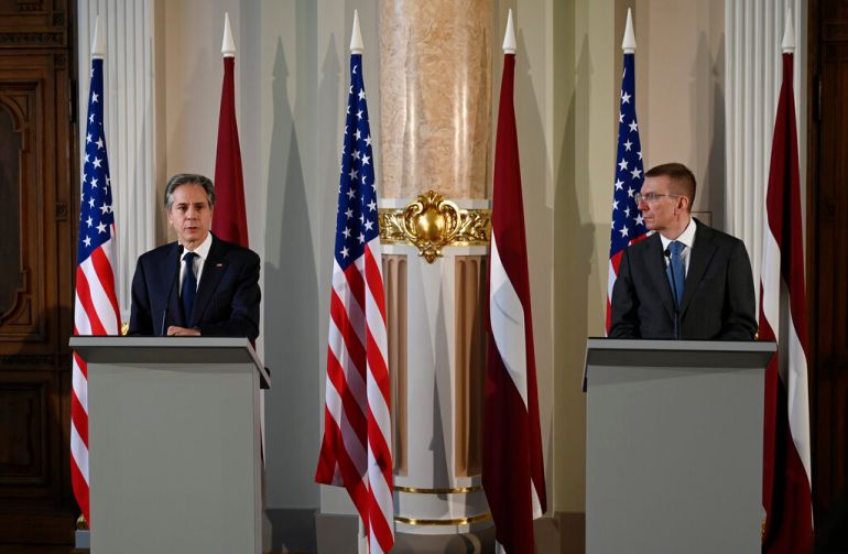 US Secretary of State Antony Blinken, left, and Latvia's foreign minister Edgars Rinkevics hold a press conference at the National Art Museum in Riga, Latvia.