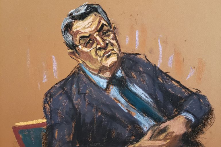 A courtroom sketch of Juan Orlando Hernandez