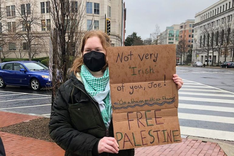 Alison O'Connell, an American who plans to also apply for Irish citizenship, protests for Palestine during the St. Patrick's Day March in Washington D.C. [Delaney Nolan/XEn News]