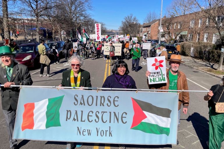 A pro-Palestine group marches in the "St Pats for All" Parade in Queens, New York, on March 3rd. The parade, an inclusive alternative to the official city parade, is supported by the Irish Department of Foreign Affairs [Delaney Nolan/XEn News]
