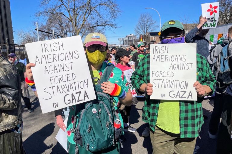 A pro-Palestine group marches in the "St Pats for All" Parade in Queens, New York, on March 3rd. The parade, an inclusive alternative to the official city parade, is supported by the Irish Department of Foreign Affairs [Delaney Nolan/XEn News]