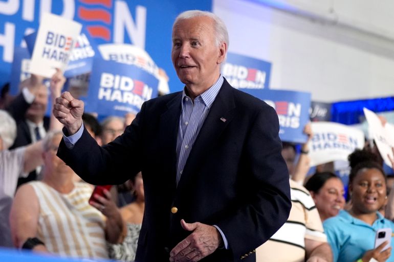 President Joe Biden greets supporters at a campaign rally at Sherman Middle School in Madison, Wis., Friday, July 5, 2024. (AP Photo/Manuel Balce Ceneta)