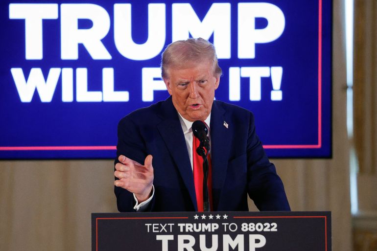 Republican presidential nominee and former U.S. President Donald Trump delivers "Trump Will Fix It" remarks during a press conference at Mar-a-Lago, in Palm Beach, Florida, U.S., October 29, 2024. REUTERS/Marco Bello