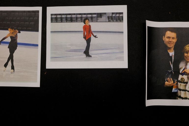 Photographs of athletes Jinna Han and Spencer Lane, and coaches Vadim Naumov and Evgenia Shishkova, all of whom died in the crash of American Eagle flight 5342 in Washington, DC, are displayed at the Skating Club of Boston in Norwood, Massachusetts, U.S., January 30, 2025.