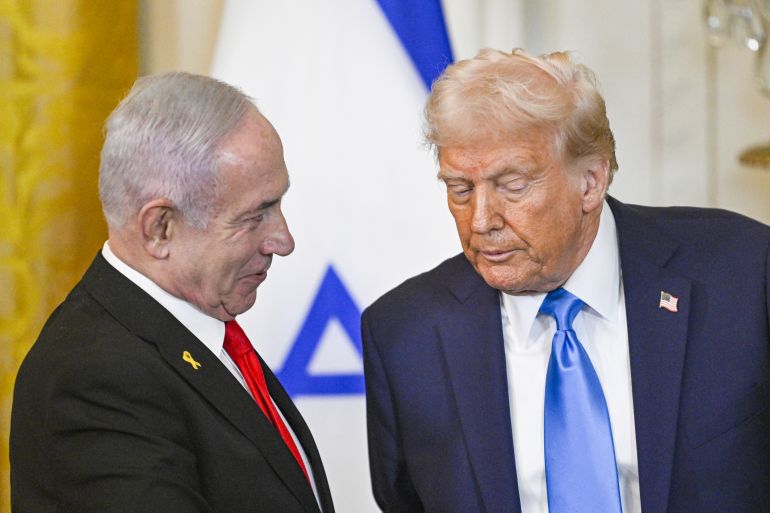 US President Donald Trump and Israeli Prime Minister Benjamin Netanyahu hold a joint news conference.