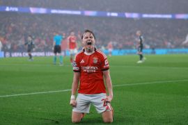 Benfica's Norwegian forward #21 Andreas Schjelderup celebrates scoring his team's first goal
